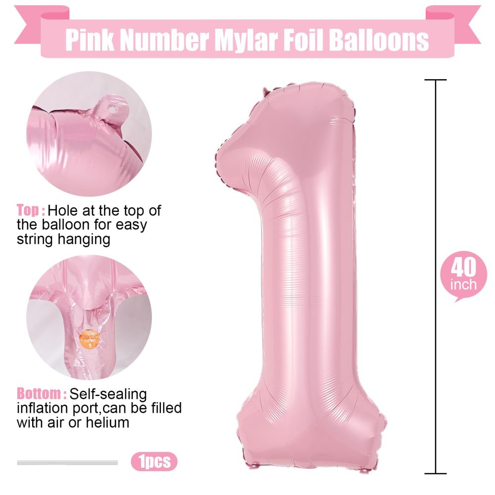 Pink Number 1 Balloon,40Inch Large Light Pink Foil Digital Helium Balloons,Pastel Pink Number 1 Mylar Balloons for Girls Women Birthday Baby Shower Anniversary Princess Party Supplies Decorations - Image 7