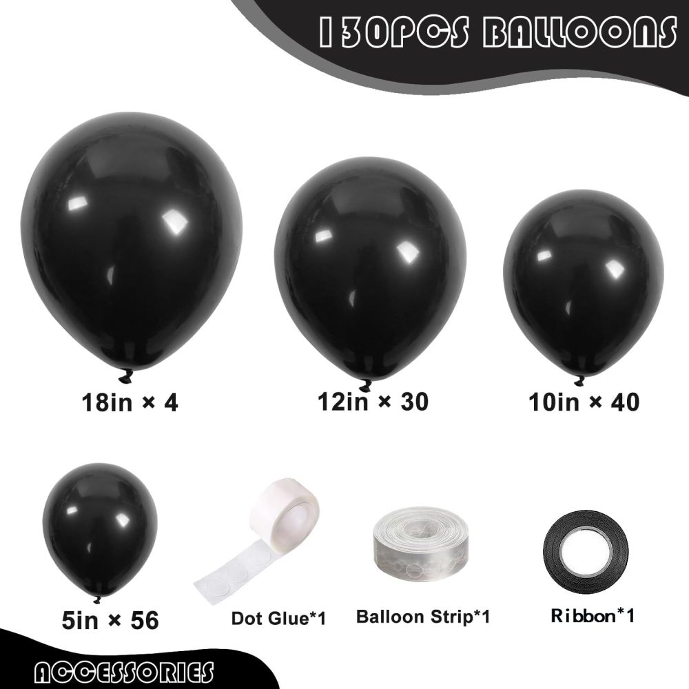 Black Balloons, 130PCS Black Balloon Arch Kit, 18 12 10 5 Inch Black Latex Balloon Garland, Matte Black Balloons for Birthday Graduation Wedding Holiday Party Decorations - Image 7