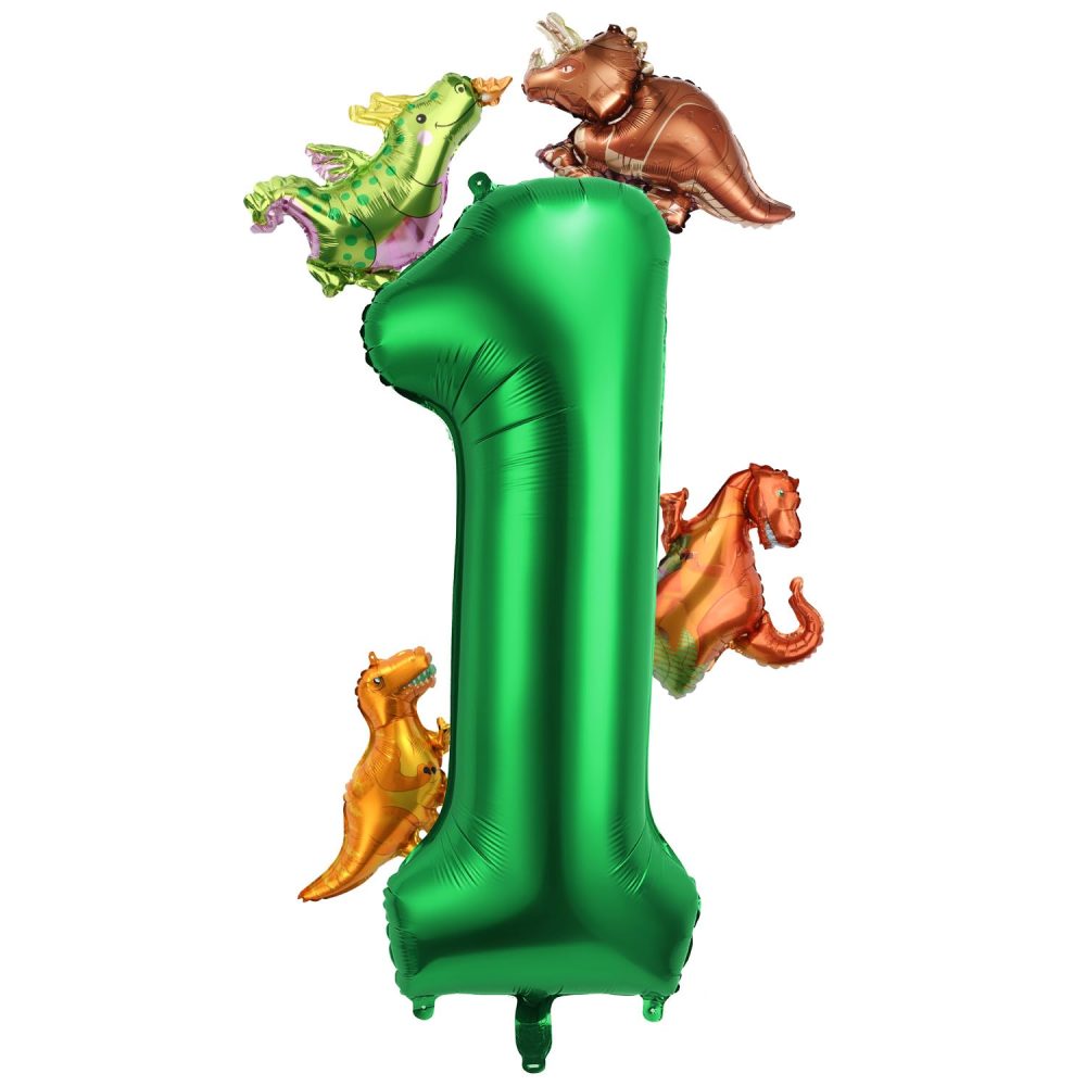 40 Inch Number Balloon with 4 Styles Cute Dinosaur Themed Balloons, Aluminum Foil Large Numeral Balloons Dark Green Dinosaur Party Decorations for Birthday Boys Girls Baby Shower (Number 1)…