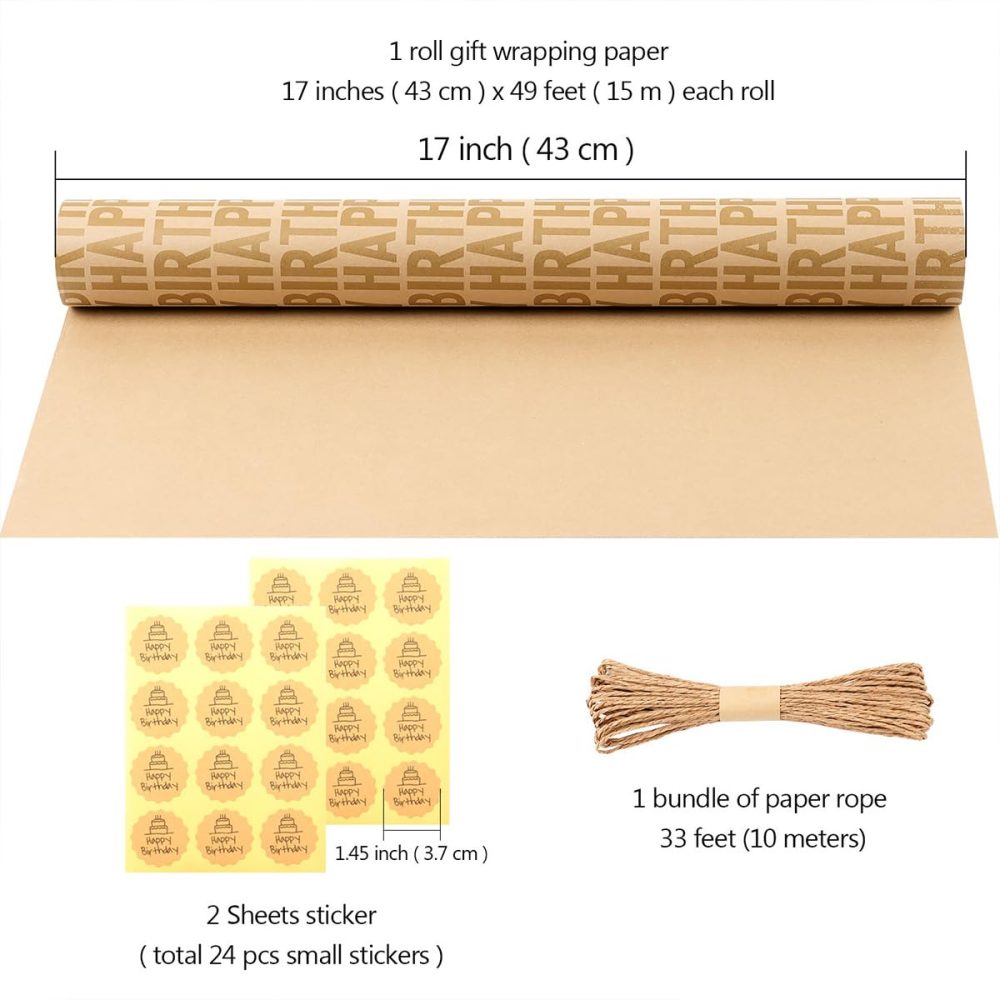 Birthday Wrapping Paper Roll, Gold Happy Birthday Kraft Wrapping Paper Set, Gift Wrapping Paper with Stickers and Paper Rope, Birthday Wrapping Paper for Boys Girls Men Women, 43CMx15M - Image 3