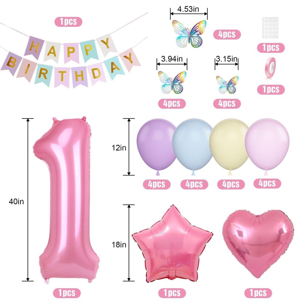 1st Birthday Decoration for Girls, Pastel Macaron 1st Birthday Balloon, Pink Number 1 Balloon with Butterfly Stickers, Star Heart Foil Balloons Banner Set for Baby 1 Year Old Birthday Party Decor - Image 7