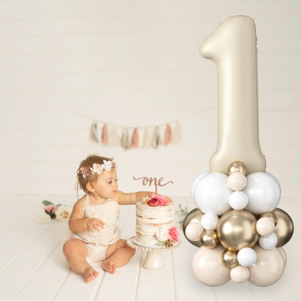 Number 1 Balloon Cream 40 Inch Number 1 Foil Balloon Beige Giant Number One Balloon Tower Stand Large Nude Neutral Digital Balloons Stack for Boys Girls First 1st Birthday Baby Shower Party Decoration - Image 6