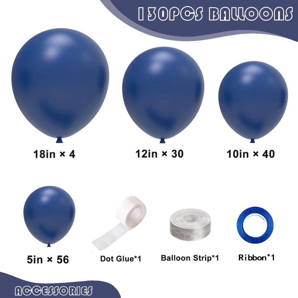 Navy Blue Balloons, 130PCS Blue Balloon Arch Kit, 18 12 10 5 Inch Dark Blue Latex Balloon Garland, Night Blue Party Balloons for Birthday Graduation Wedding Party Decorations - Image 8