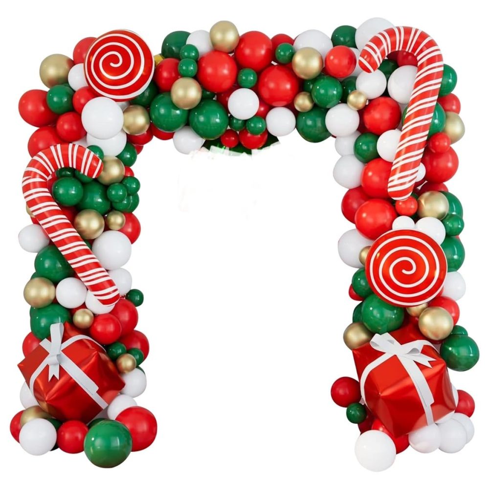 Christmas Balloons Arch Kit, 152 Pcs Christmas Balloons Garland Arch Kit Dark Green White Red Gold Latex Balloons Candy Cane Gift Box Foil Balloons for Christmas New Year Party Decorations