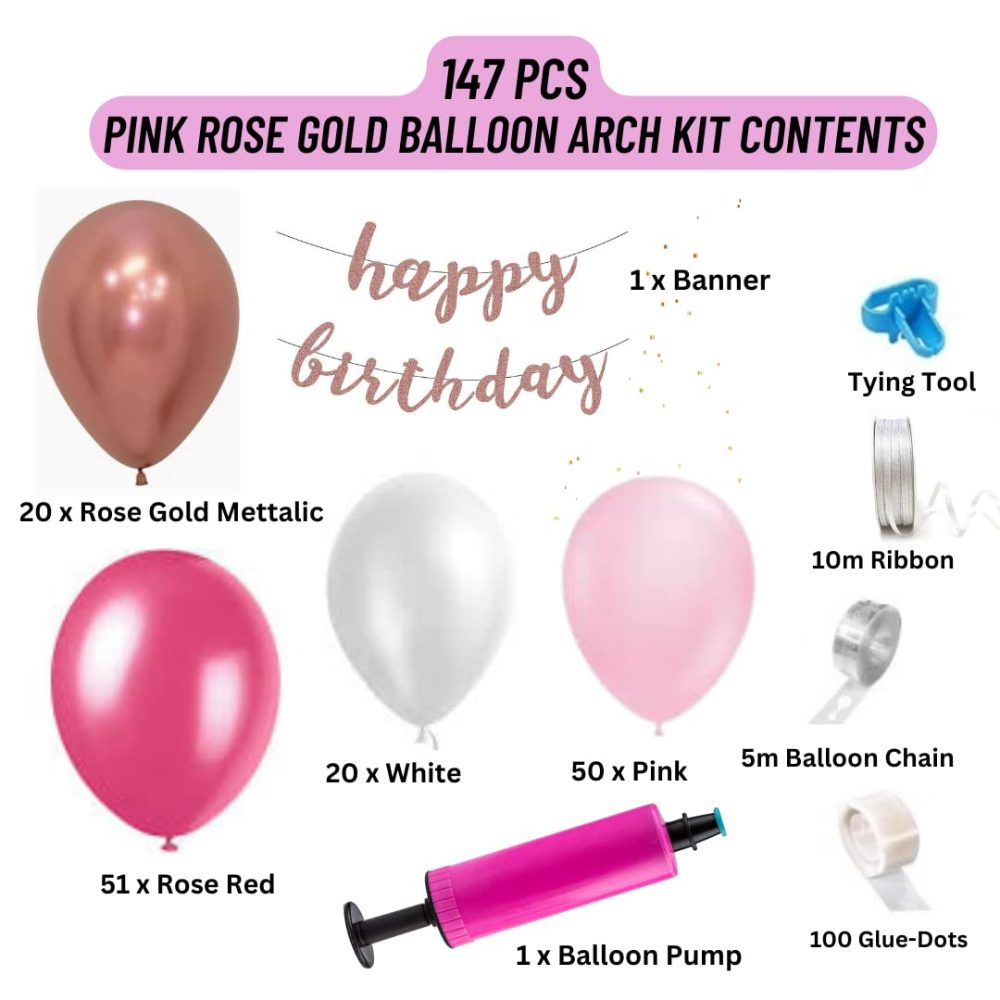 AL-Mustarziq Pink Balloons Arch Kit With Balloon Pump - 147pc Balloon Garland With Rose Gold-Pink Balloons of Different Sizes, Birthday Banner, Arch Tape & Glue Dots For Girls Womens Birthday - Image 7