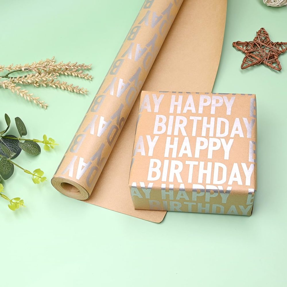 Silver Birthday Gift Wrapping Paper Roll,Topeedy 43cm*12m Happy Birthday Kraft Wrapping Paper Perfect for Packing Birthday Present for Families and Friends-silver - Image 6