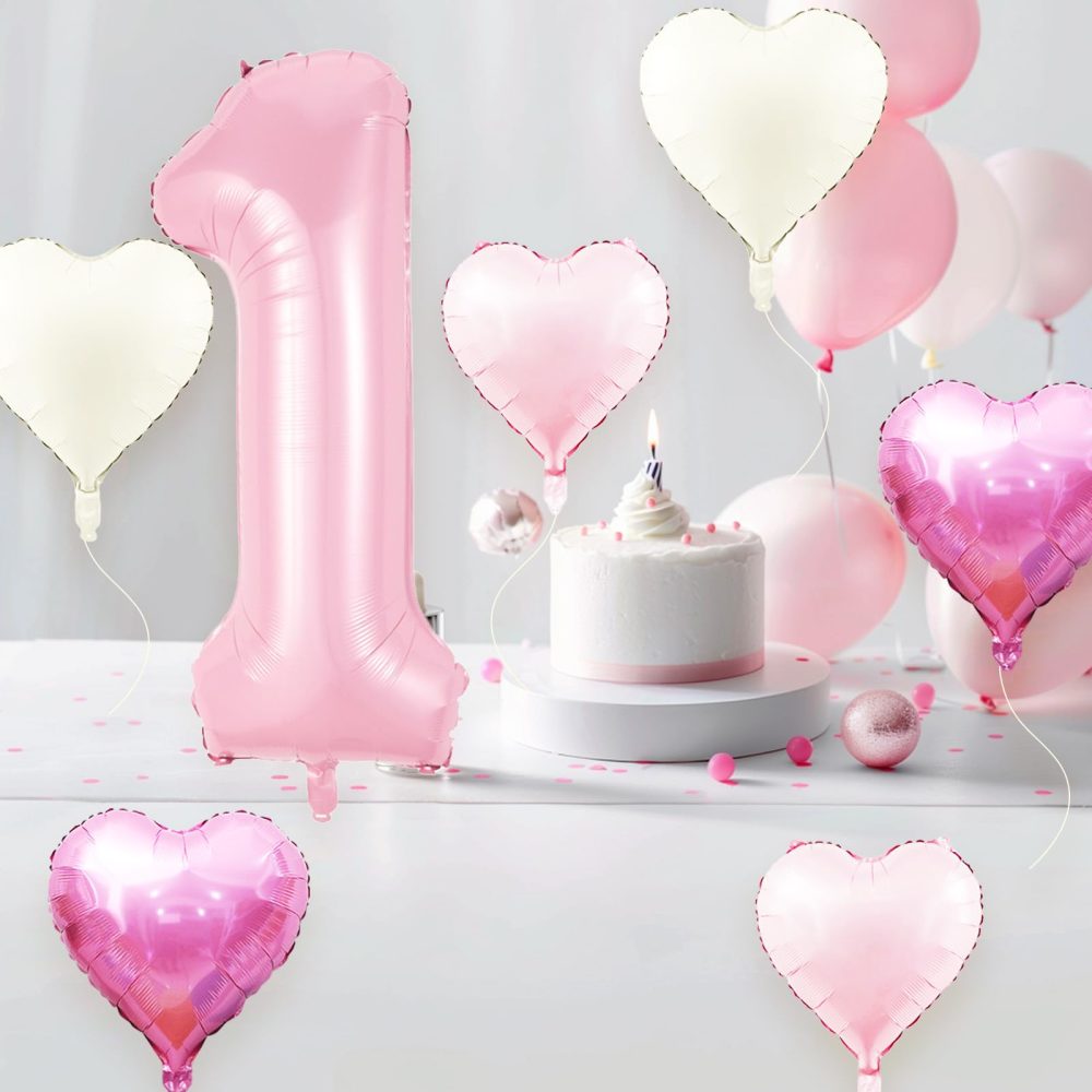 40 Inch Pink 1 Balloons, Large Light Pink Number One Balloon with Pastel Baby Pink Cream Foil Heart Balloons Helium for Girls 1st Birthday Party First One Year Baby Shower Princess Party Decorations - Image 6