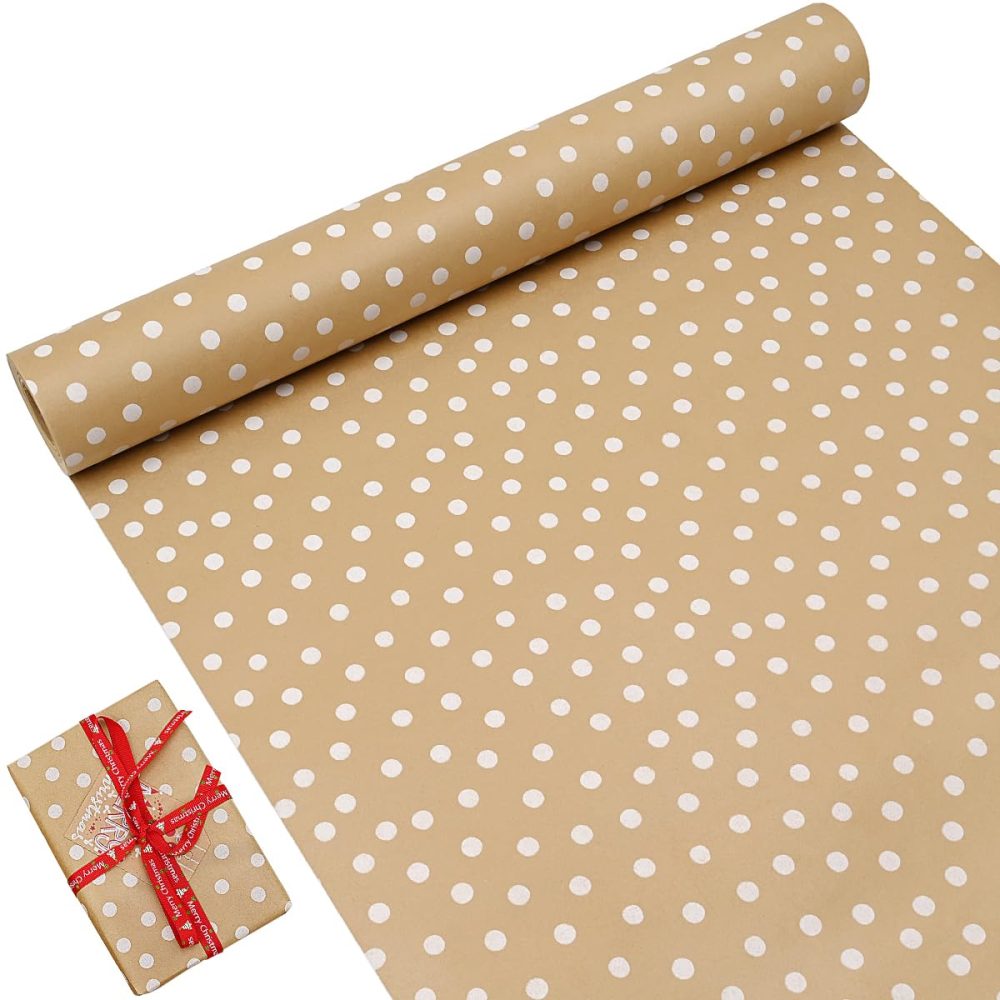 OTMVicor Roll Package Birthday Wrapping Paper, 43cm x 15M Kraft Paper Printed with White Dots Recyclable Gift Wrapping Paper