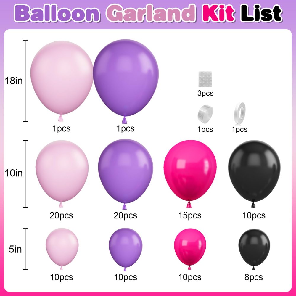 Hot Pink and Purple Balloon Arch Garland Kit, Rose Red Black Pink Purple Latex Balloon, KUMI Party Balloons for Cute Anime Kawaii Cartoon Character Birthday Party Decor Supplies - Image 7
