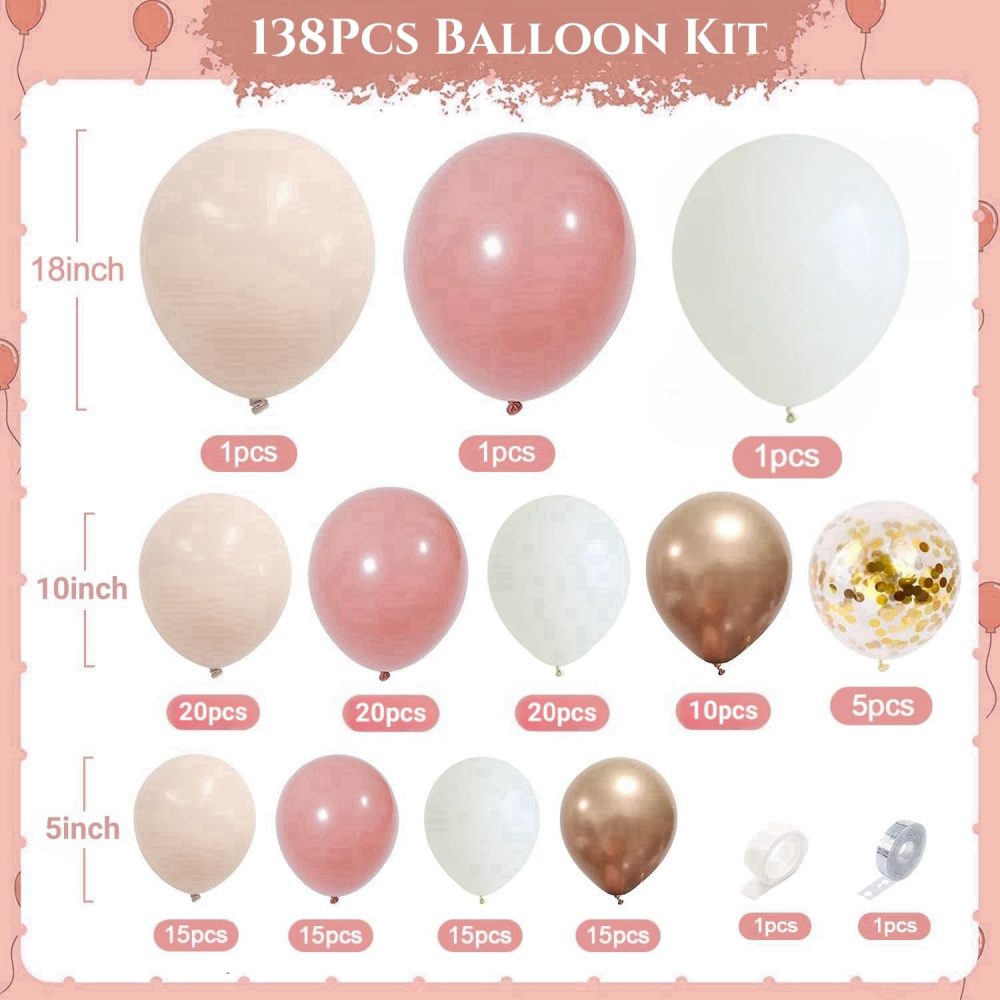 Pink Balloon Arch Kit, 138pcs Blush Pink White Gold Beige Balloon Garland, Dusty Pastel Pink Nude Gold Confetti Latex Balloons for Birthday Wedding Bridal Valentine Princess Party Decorations - Image 5