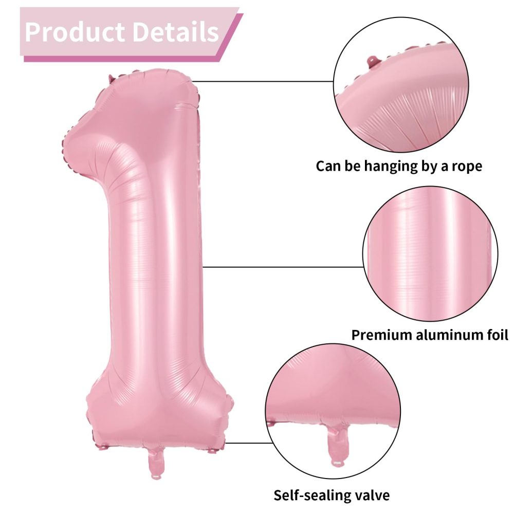 40 Inch Pink 1 Balloons, Large Light Pink Number One Balloon with Pastel Baby Pink Cream Foil Heart Balloons Helium for Girls 1st Birthday Party First One Year Baby Shower Princess Party Decorations - Image 7