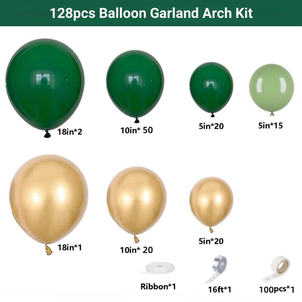 Green Gold Balloon Arch Kit, 128pcs Emerald Green Metallic Gold Balloon Garland, Forest Dark Green Sage Green Balloons for Birthday, Baby Shower, Gender Reveal, Wedding, Jungle Party Decorations - Image 5
