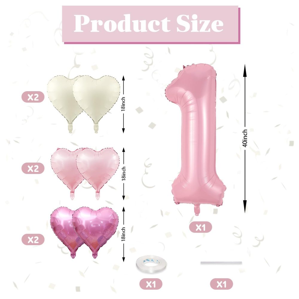 40 Inch Pink 1 Balloons, Large Light Pink Number One Balloon with Pastel Baby Pink Cream Foil Heart Balloons Helium for Girls 1st Birthday Party First One Year Baby Shower Princess Party Decorations - Image 8