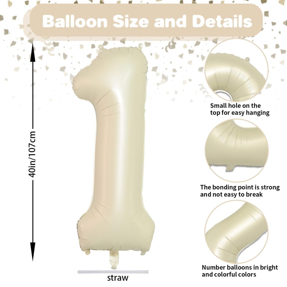 Beige 40 Inch Number 1 Balloon,Large Self Inflating Cream Foil Number Balloons 0-9 for Boys Girls,White Sand One Balloons for Birthday Party Decorations Supplies - Image 7