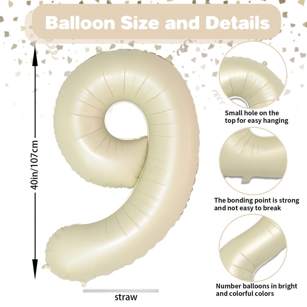 Beige 40 Inch Number 9 Balloon,Large Self Inflating Cream Foil Number Balloons 0-9 for Boys Girls,White Sand Nine Balloons for 9th Birthday Party Decorations Supplies - Image 6
