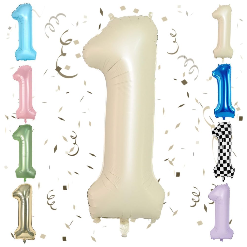 Beige 40 Inch Number 1 Balloon,Large Self Inflating Cream Foil Number Balloons 0-9 for Boys Girls,White Sand One Balloons for Birthday Party Decorations Supplies