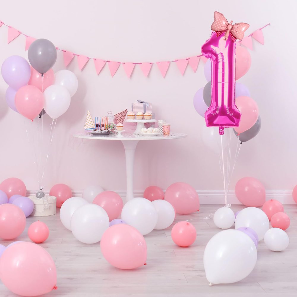 Number Birthday Balloons, Pink Number Balloon Number Balloons For Birthday Party Bow Tie Helium Foil Balloons for Birthday Party Wedding Anniversary Events Supplies (Number 1) - Image 3
