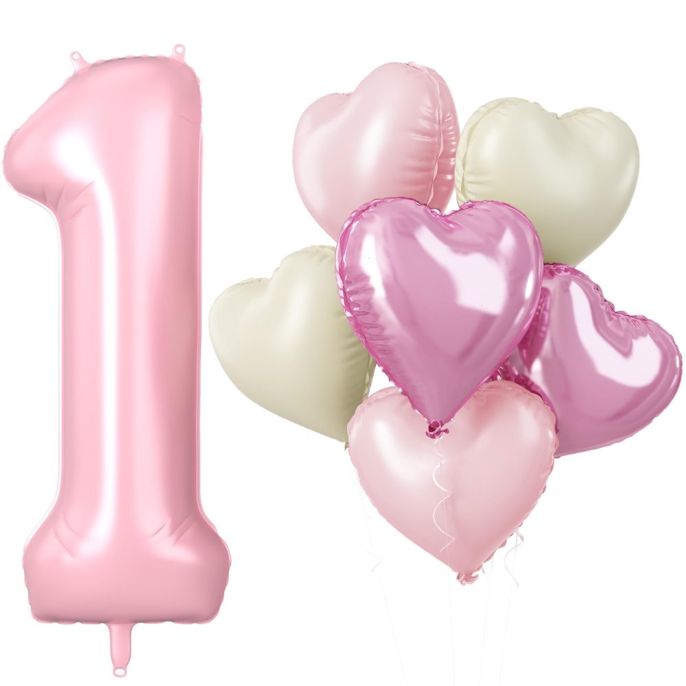 40 Inch Pink 1 Balloons, Large Light Pink Number One Balloon with Pastel Baby Pink Cream Foil Heart Balloons Helium for Girls 1st Birthday Party First One Year Baby Shower Princess Party Decorations