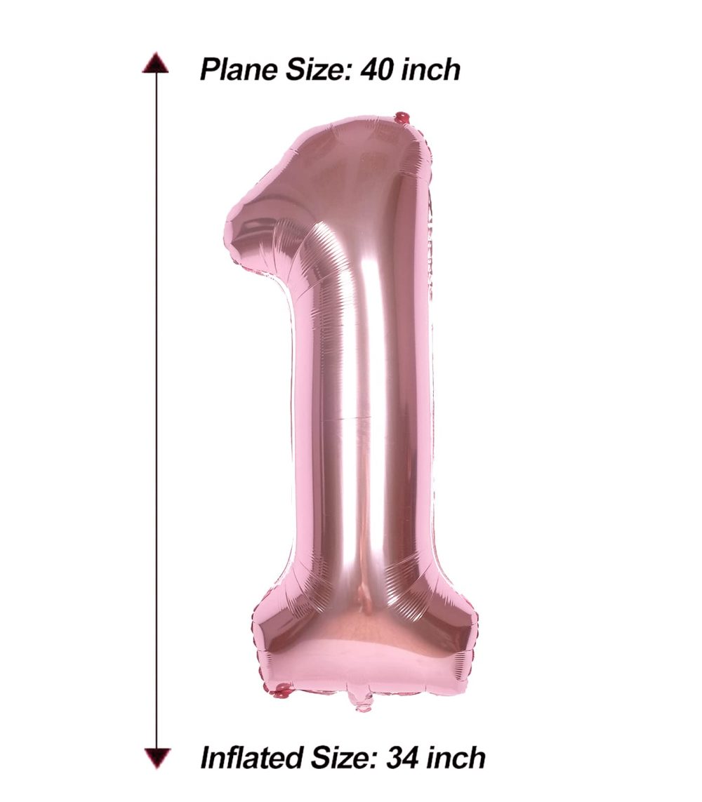 Rose Gold Number 1 Balloons: 40 Inch Large Foil Number Balloons Giant Helium Balloon Age 0-9 Big Mylar Balloons for Kids Girl 1st Birthday Party Baby Shower Party Decorations - Image 3