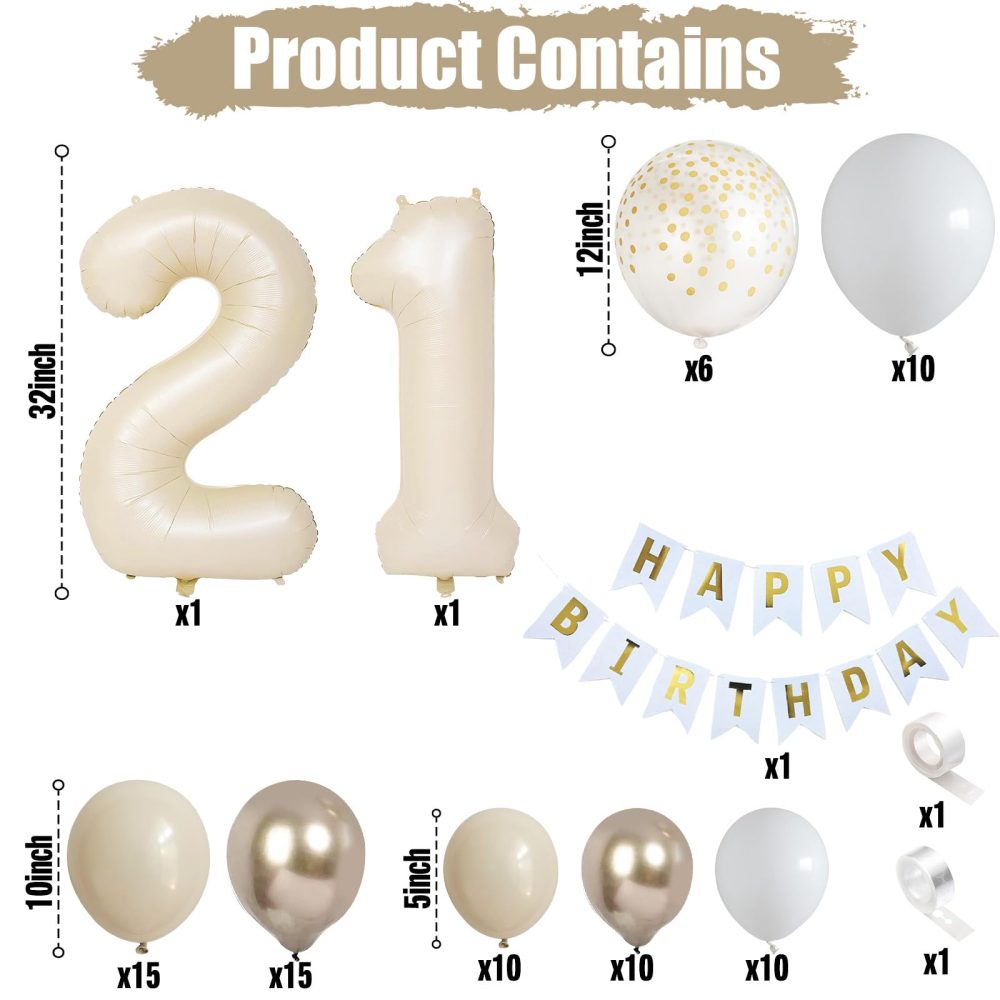 21st Birthday Decorations for Girls Women Sand White Gold Balloons Arch Kit with Cream Number Foil Balloon Happy Birthday Banner Boho Beige White Metallic Champagne Gold Party Decor for 21 Years Old - Image 8