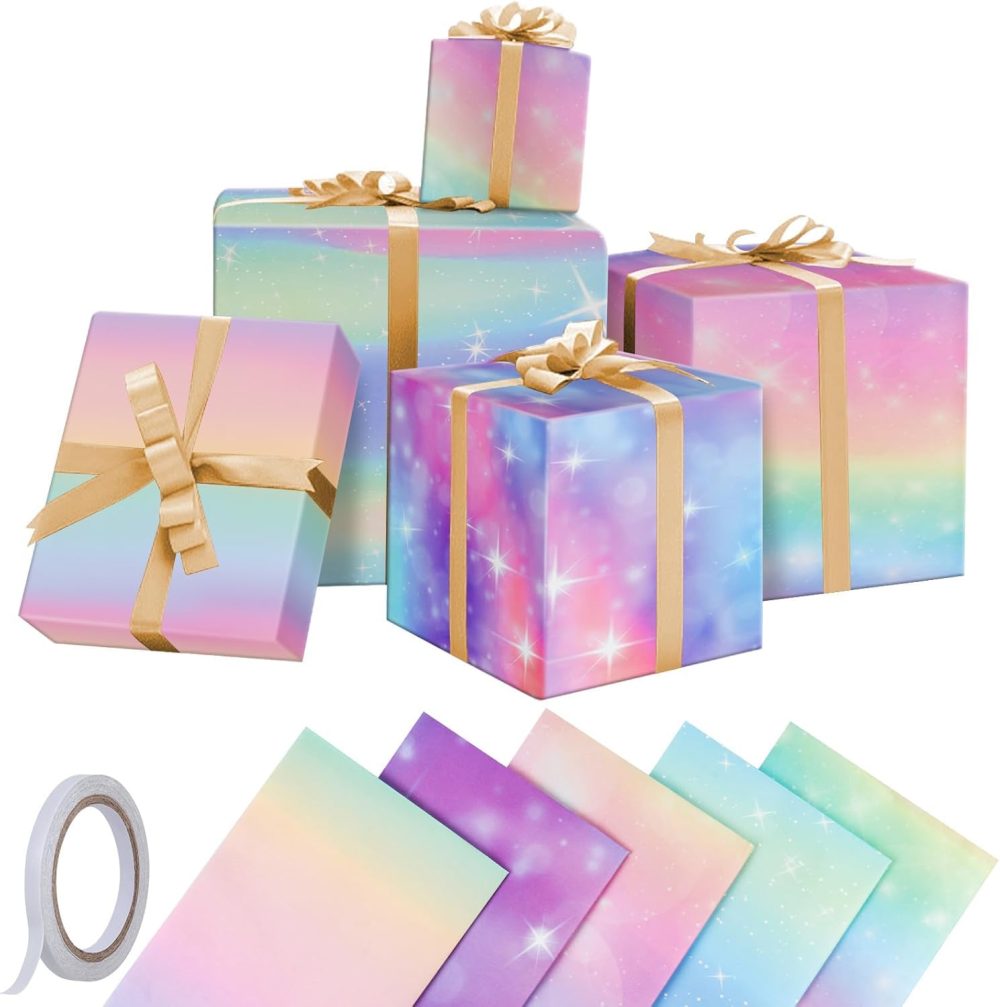 GAOHUI Birthday Wrapping Paper, 5 Pcs Rainbow Gradient Colour Gift Wrapping Paper, Gift Wrap Perfect for Mother Day, Valentine Day, Party, Birthday for Women And Girls, with Tape(50cm X 70cm)