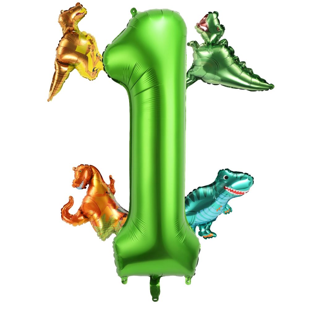40 Inch Number Balloon with 4 Cute Dinosaur Balloons, Aluminum Foil Large Numeral Balloons Green Dino Balloons Set for Boys Girls Jungle Themed Birthday Party Decoration Supplies (Number 1)
