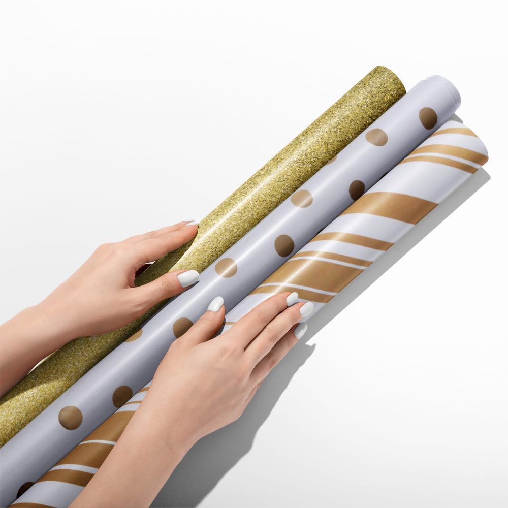 Wrapping Paper roll,3 Roll Gold Gift Wrapping Paper for Birthday Decoration- 43 cm X 3 m Per roll - Image 7