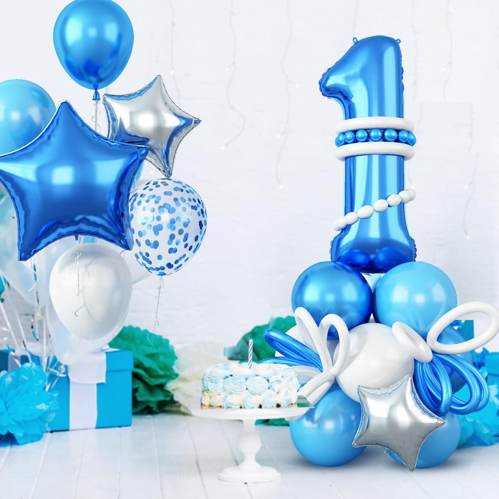 Number 1 Balloons Set, 40 Inch Blue 1 balloon with Star Foil Balloons Long Balloons Blue White Silver Balloons DIY One Balloon Stand for Boys 1st Birthday Party Baby Shower Decorations - Image 3