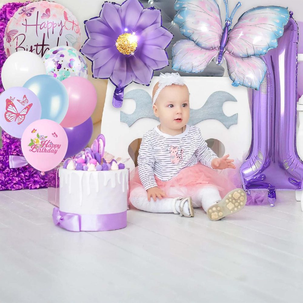 1 Year Set Number Foil Balloon,22 PCS Blue Purple Birthday Decoration,Butterfly Flower Balloon,Children's Birthday Party Decoration Number 1 Balloon for Girls Boys Birthday Festival Party Decoration - Image 5