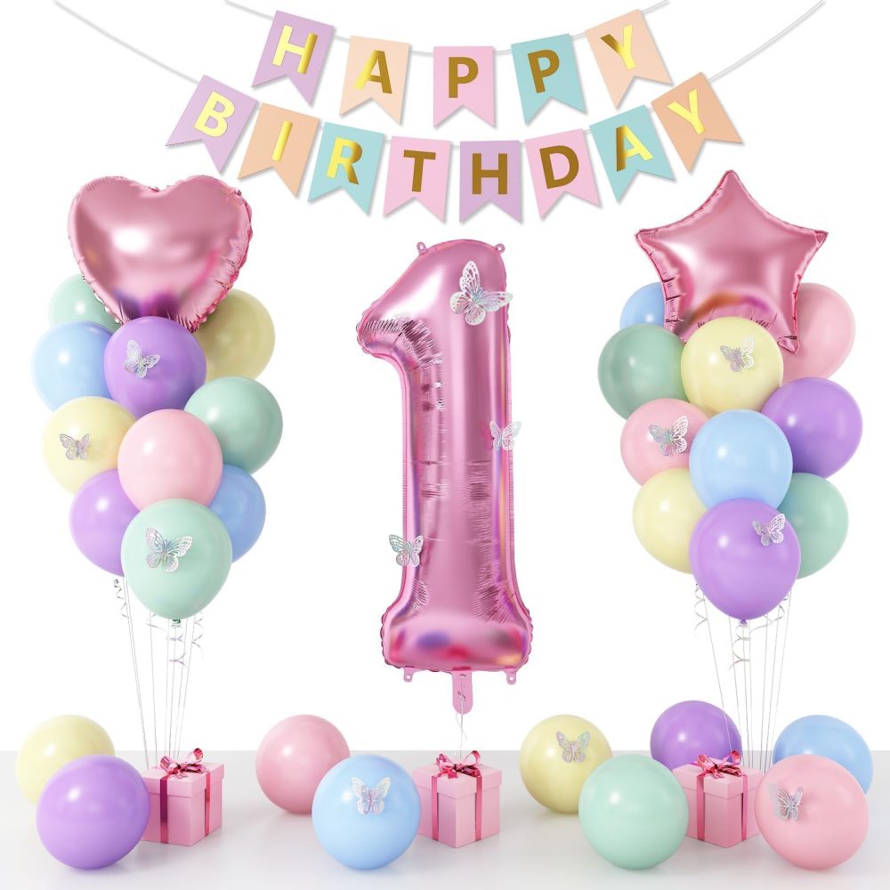 1st Birthday Decoration for Girls, Pastel Macaron 1st Birthday Balloon, Pink Number 1 Balloon with Butterfly Stickers, Star Heart Foil Balloons Banner Set for Baby 1 Year Old Birthday Party Decor