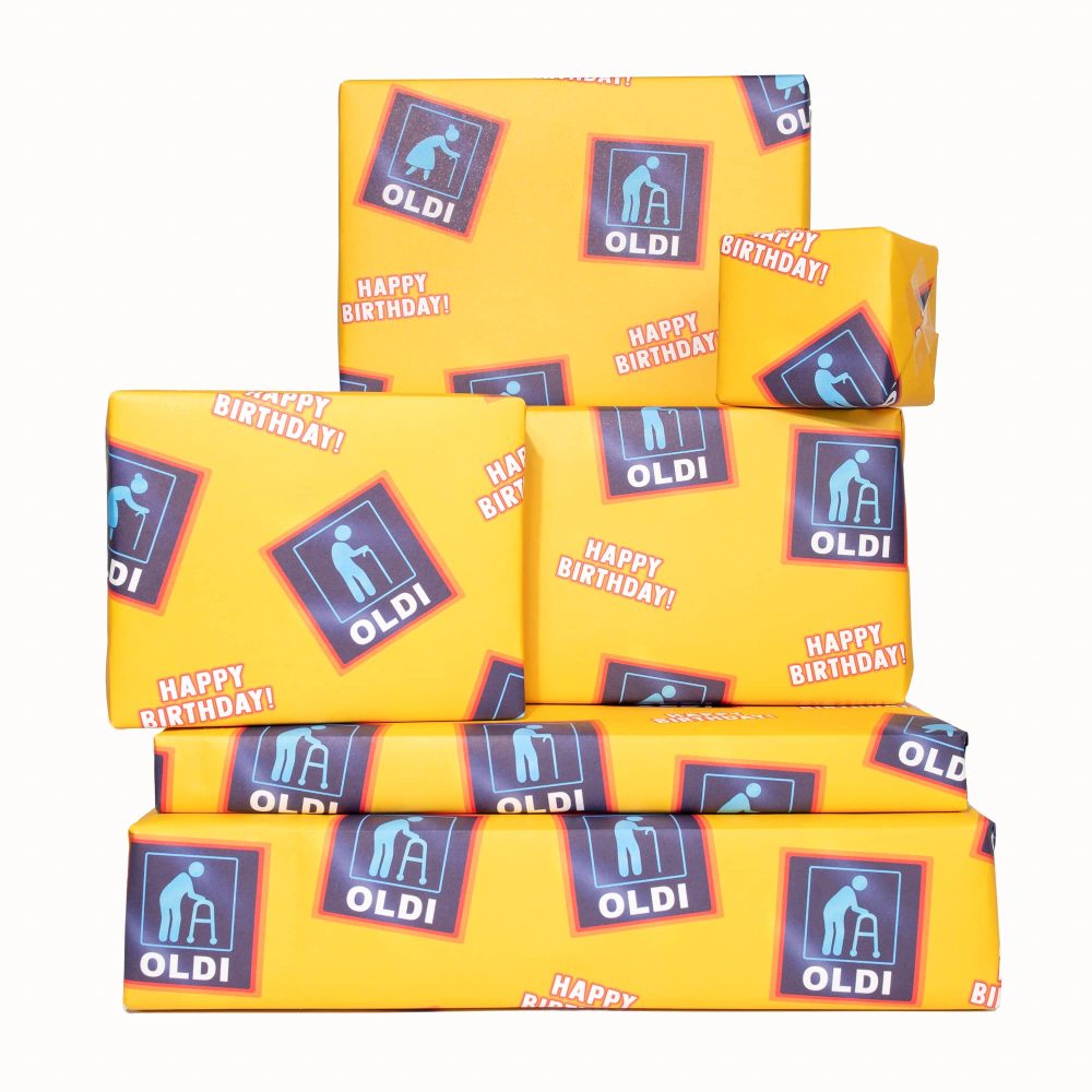 Funny Wrapping Paper - Oldi Wrapping Paper - 6 Sheets of Gift Wrap - 'Happy Birthday Oldi' - Blue Yellow - For Husband Wife - Mum Dad - Recyclable - By Central 23