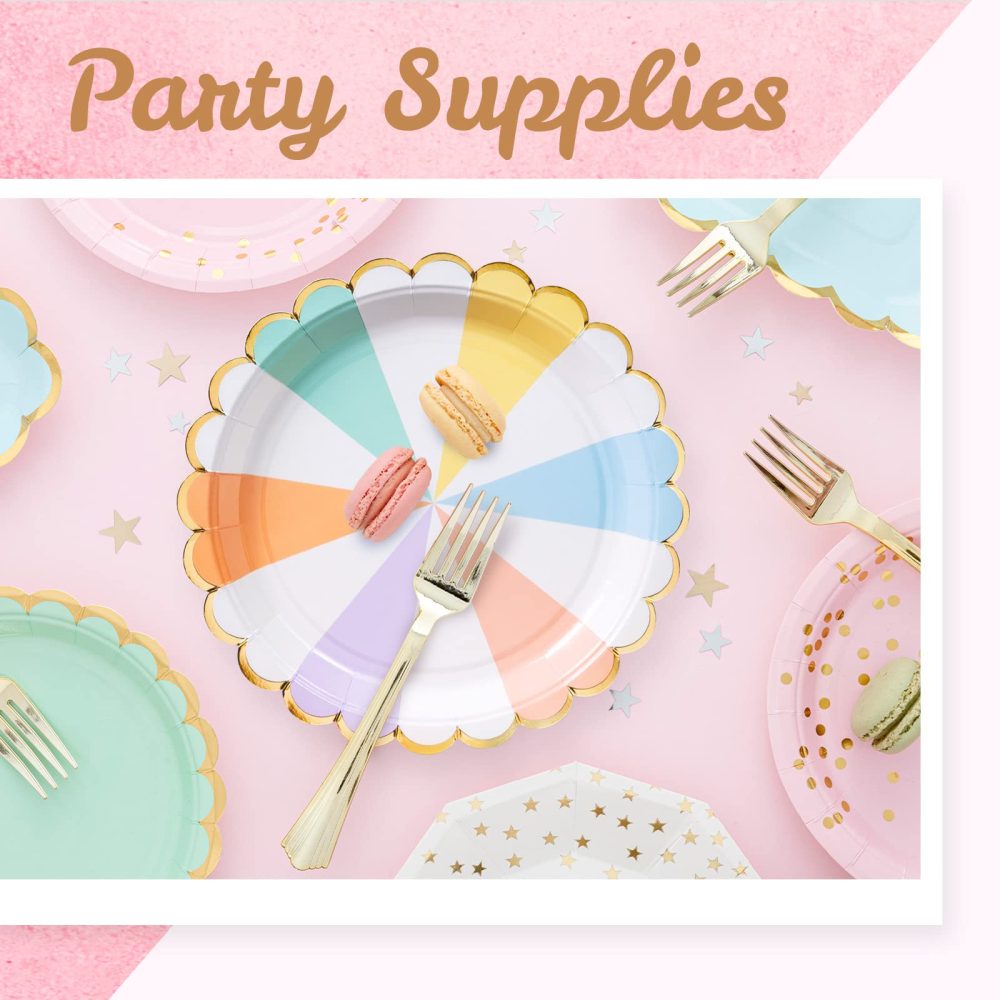 Confettiville Party Paper Plates, 50-Pack, Disposable Paper Plates, Gold Foil Scalloped Edge, Striped Pastel, 9-Inch - Image 6