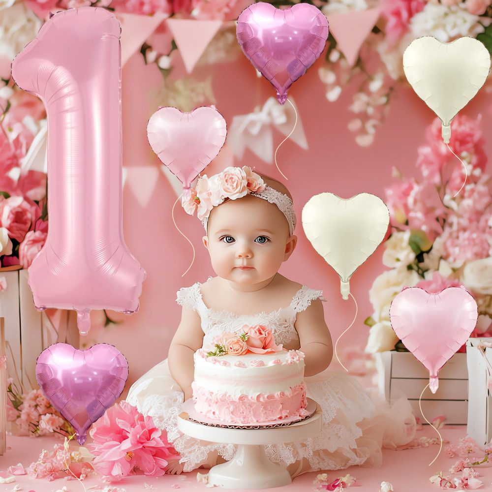 40 Inch Pink 1 Balloons, Large Light Pink Number One Balloon with Pastel Baby Pink Cream Foil Heart Balloons Helium for Girls 1st Birthday Party First One Year Baby Shower Princess Party Decorations - Image 4