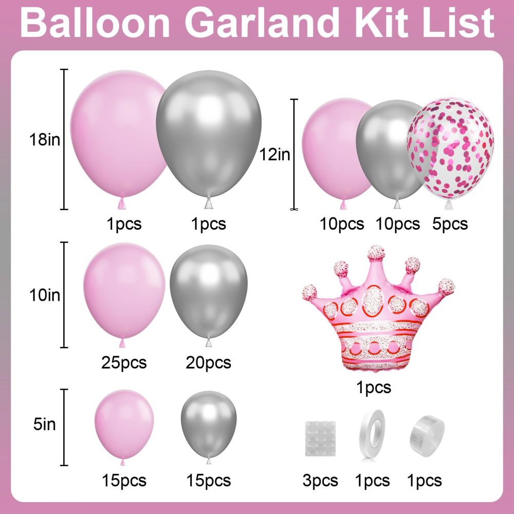 Pink and Silver Balloon Garland Arch Kit, 18/12/10/5 Inch Pastel Pink Silver Party Balloon with Pink Crown Foil Balloons for Princess Girls Baby Shower Wedding Birthday Party Decor - Image 7