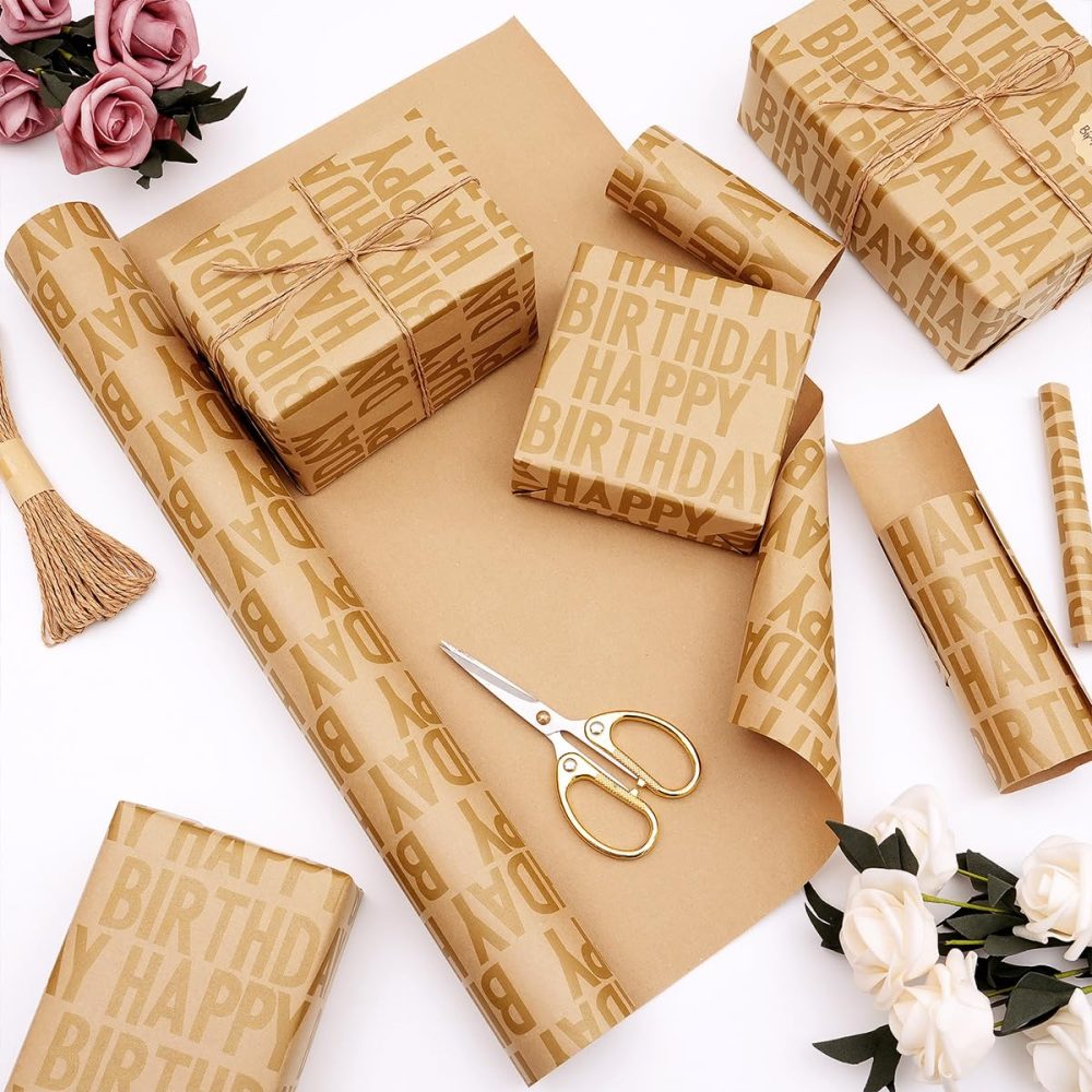 Birthday Wrapping Paper Roll, Gold Happy Birthday Kraft Wrapping Paper Set, Gift Wrapping Paper with Stickers and Paper Rope, Birthday Wrapping Paper for Boys Girls Men Women, 43CMx15M - Image 5