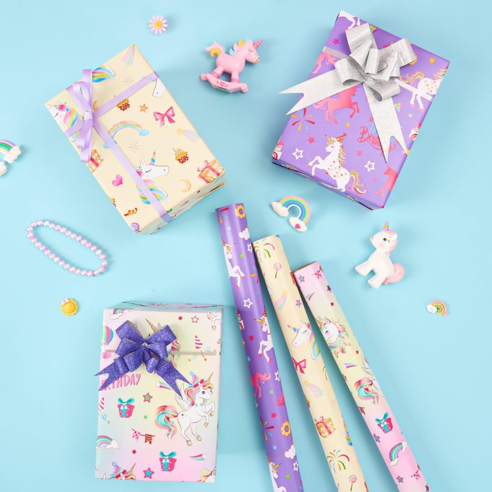 WERNNSAI Unicorn Wrapping Paper Rolls - 3 Rolls 43 x 305cm Unicorn Birthday Wrapping Paper Rolls Pink Unicorn Rainbow Gift Wrap Paper Girls Wrapping Paper Rolls Kids Bday Gift Wrap with Cutting Line - Image 4