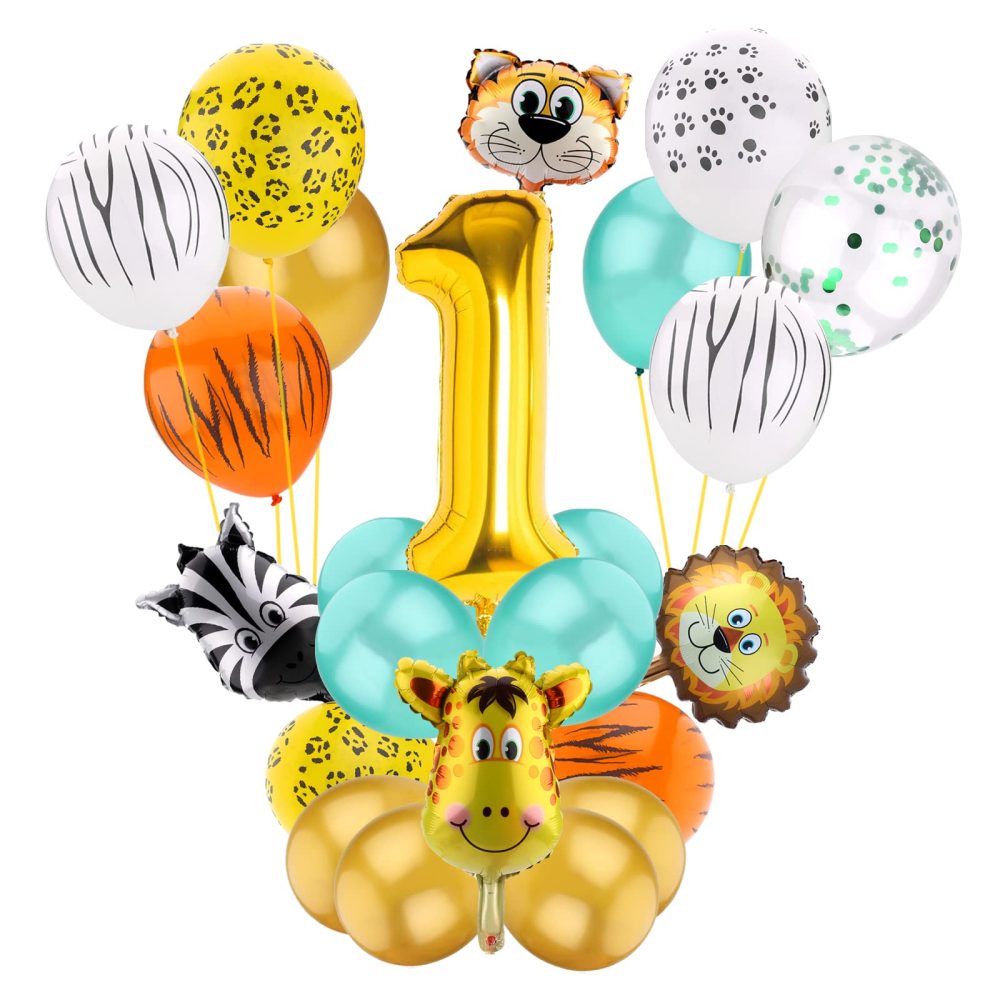 Hileyu 1st Kids Baby Birthday Party Decoration,Wild Forest Animal Foil Balloons,Safari Birthday Decoration Set,25xBalloons+1 Roll Glue Dots,Jungle Theme Animal Party Supplies for Boys Girls Birthday
