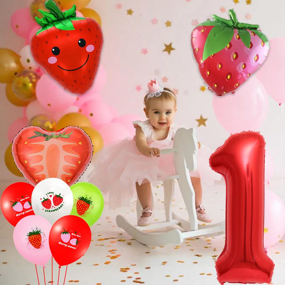 1st Strawberry Birthday Decoration Balloons - 15 Pieces 1st Birthday Decoration Number 1 Red Balloon Smile Heart Strawberry Balloons Latex Balloons for Boys Girls First Strawberry Party Decorations - Image 3