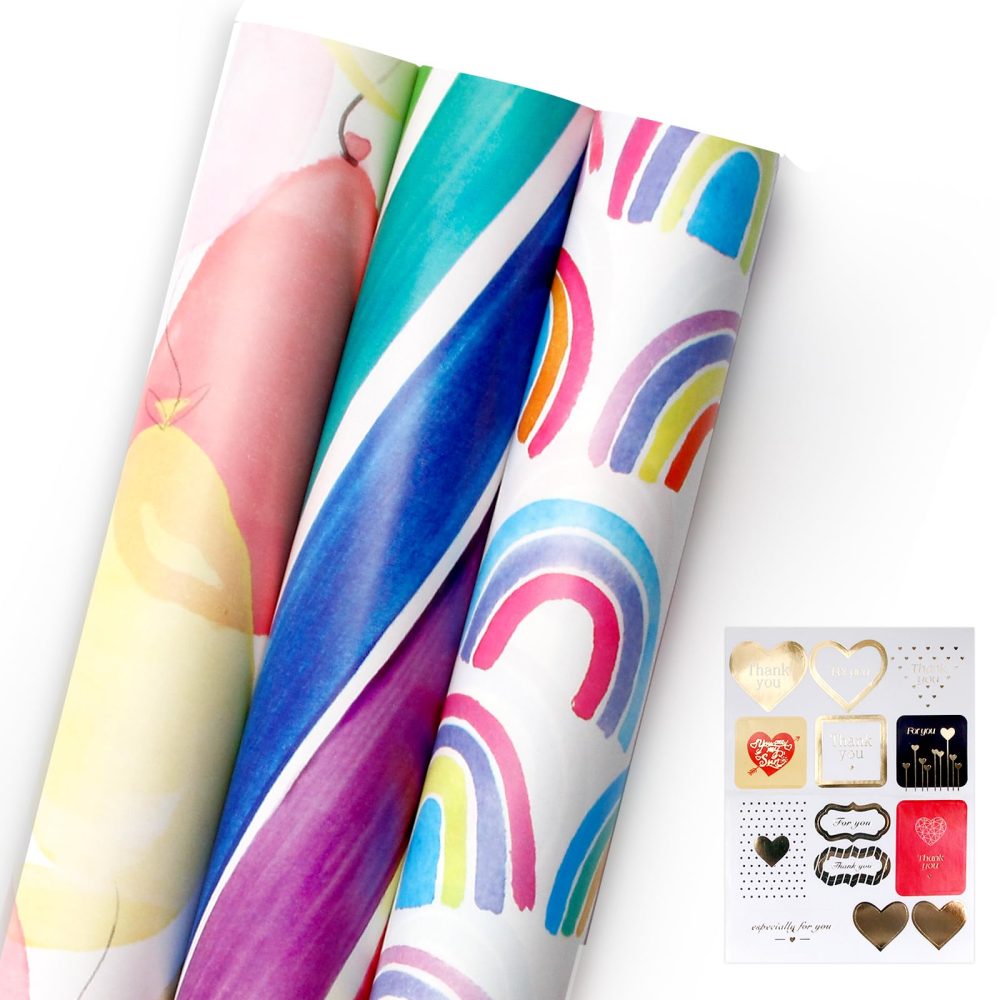 Wrapping Paper Rolls, 3 Rolls 43cm x 3M Gift Wrapping Paper, Birthday Wrapping Paper Roll, 3 Different Print Design for Birthday,Party, Wedding,Baby Shower,Festive Decorations