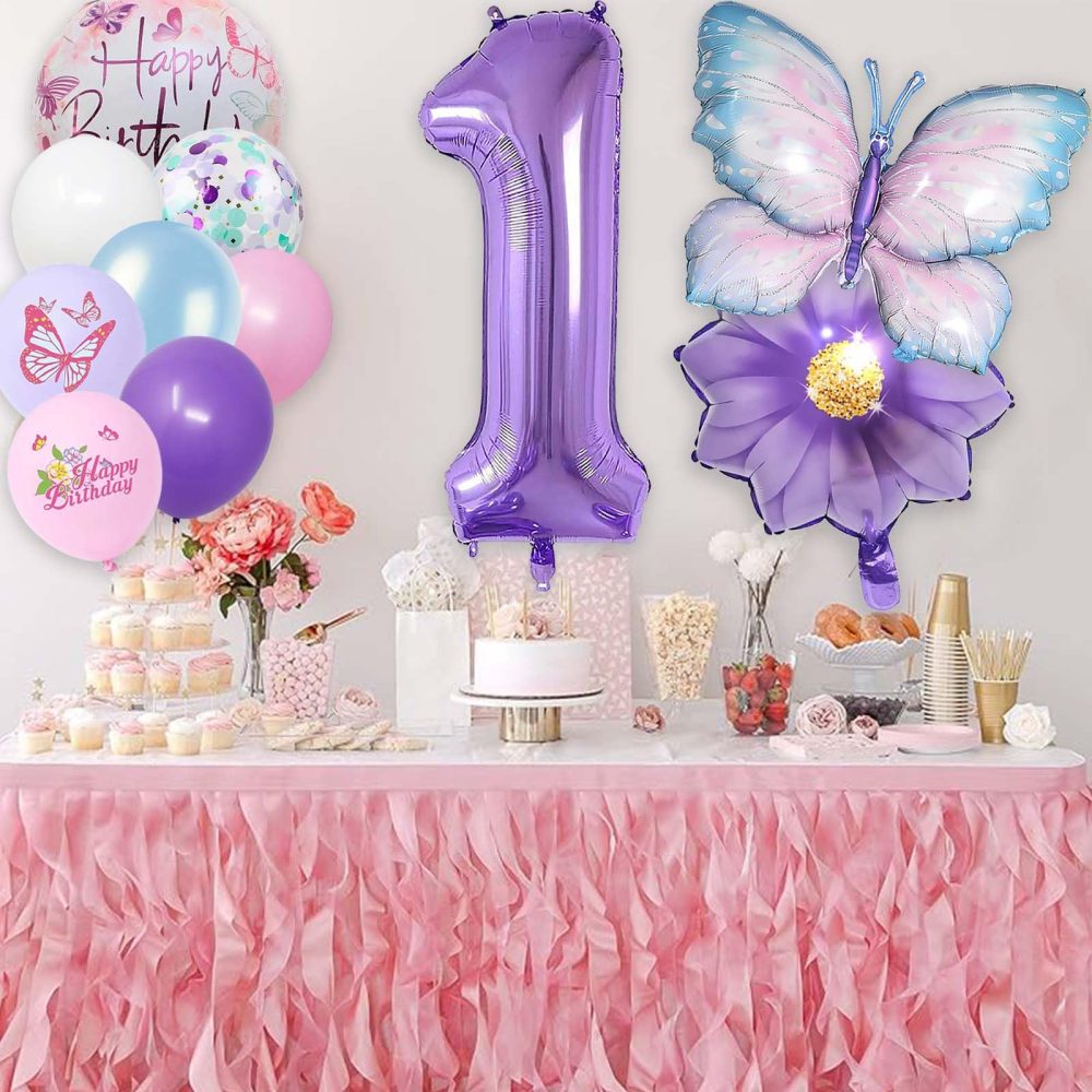 1 Year Set Number Foil Balloon,22 PCS Blue Purple Birthday Decoration,Butterfly Flower Balloon,Children's Birthday Party Decoration Number 1 Balloon for Girls Boys Birthday Festival Party Decoration - Image 4