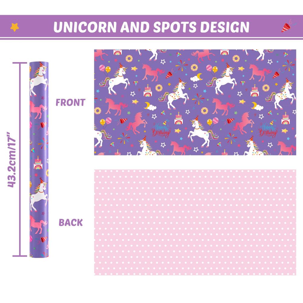 Unicorn Reversible Wrapping Paper Roll - 1 Roll 43,2cm x 10m Happy Birthday Wrapping Paper Roll Kids Unicorn Birthday Gift Wrap Roll Girls Wrapping Paper Polka Dot Design Unicorn Party Favor - Image 6