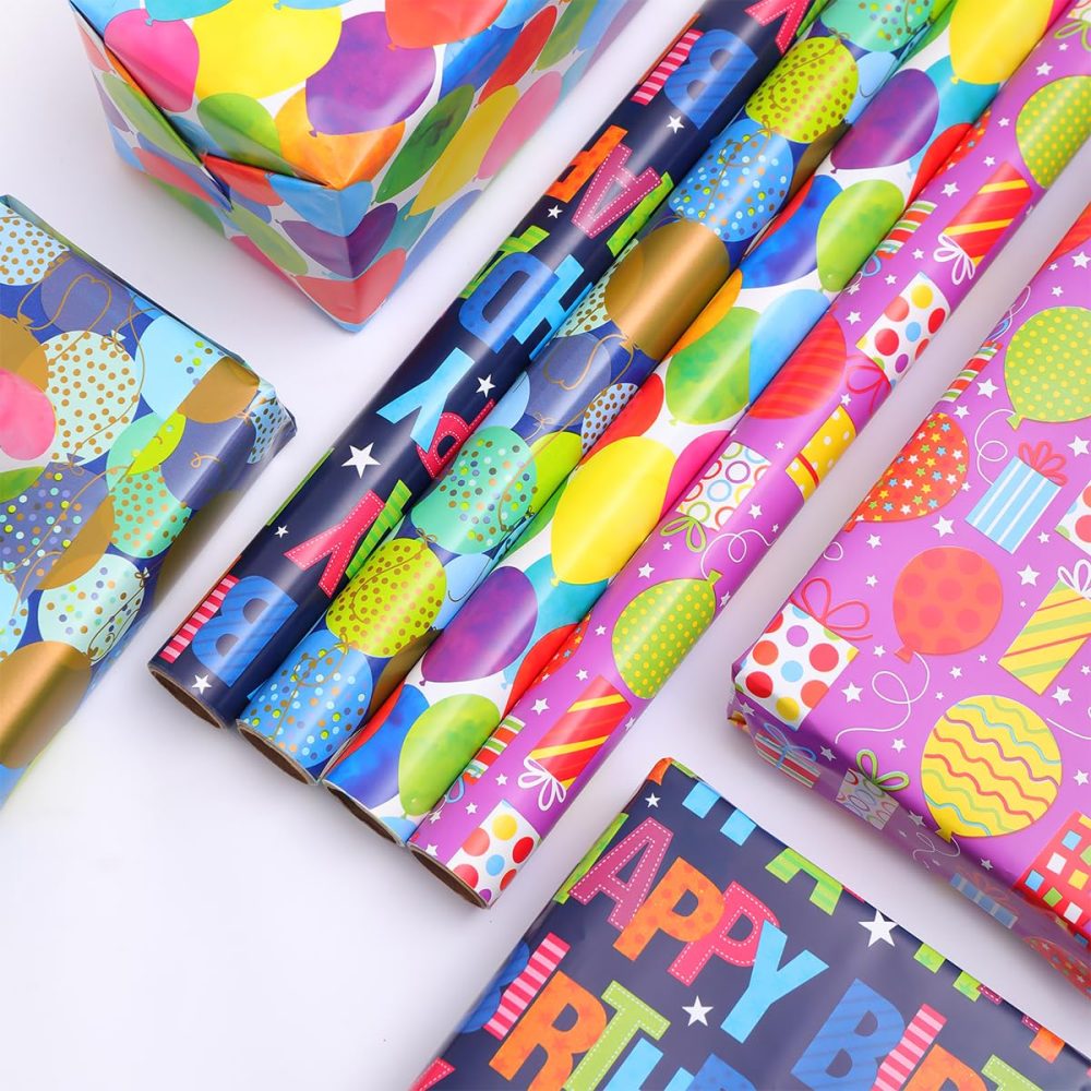 HBell Birthday Wrapping Paper Rolls,4 Rolls Happy Birthday Wrapping Paper,Colourful Gift Wrapping Paper 43cm x 3M,Suitable for Birthday,Baby Shower,Party,Festive Decorations - Image 6