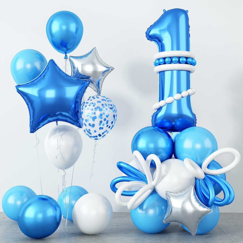 Number 1 Balloons Set, 40 Inch Blue 1 balloon with Star Foil Balloons Long Balloons Blue White Silver Balloons DIY One Balloon Stand for Boys 1st Birthday Party Baby Shower Decorations