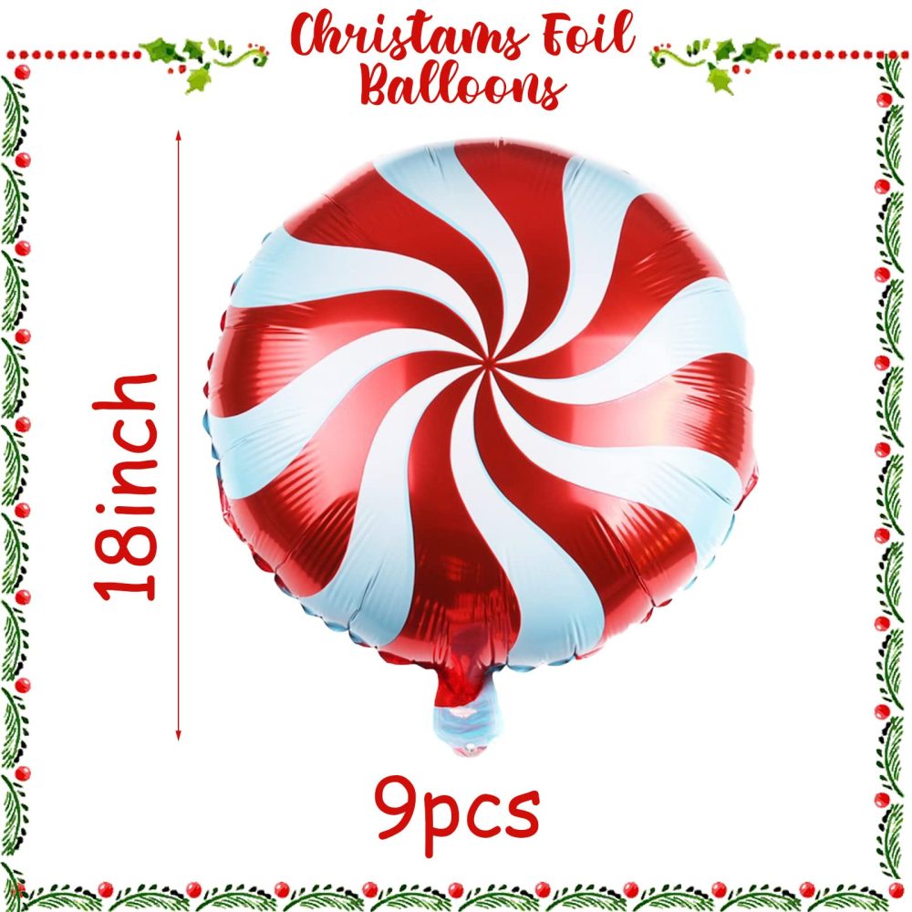 Christmas Foil Balloons, 9 Pieces 18 Inch Red Christmas Candy Round Swirl Mylar Foil Balloons with Ribbon, Large Xmas Candy Helium Balloons for New Year Holiday Candy Theme Birthday Party Decorations - Image 9