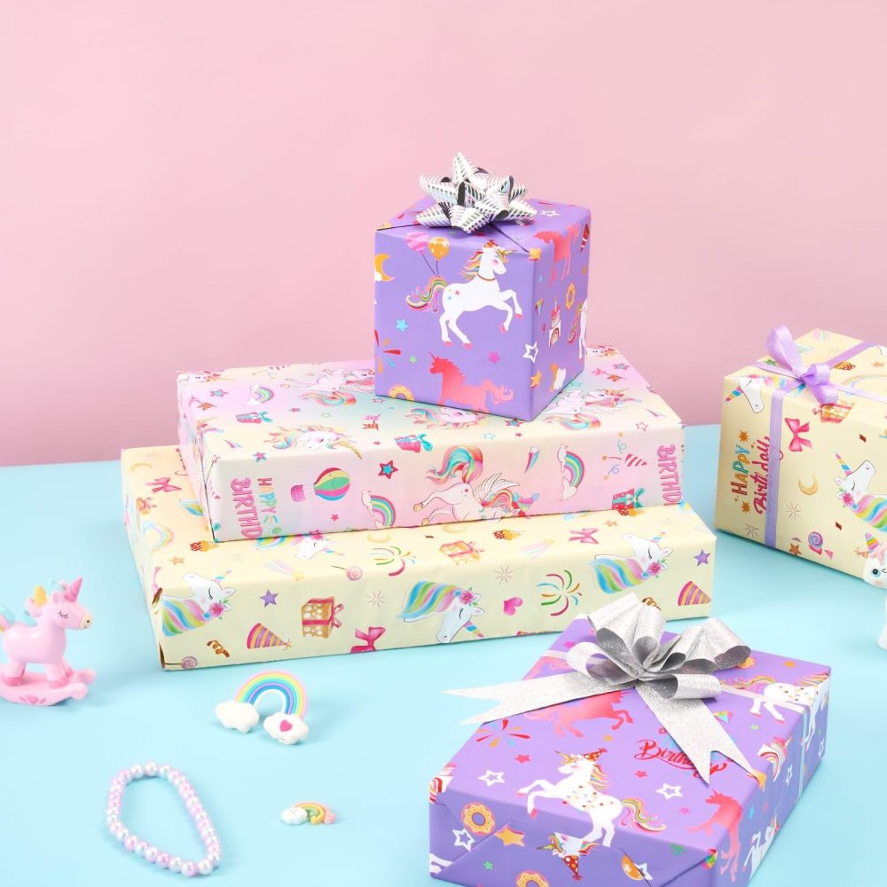 WERNNSAI Unicorn Wrapping Paper Rolls - 3 Rolls 43 x 305cm Unicorn Birthday Wrapping Paper Rolls Pink Unicorn Rainbow Gift Wrap Paper Girls Wrapping Paper Rolls Kids Bday Gift Wrap with Cutting Line - Image 5
