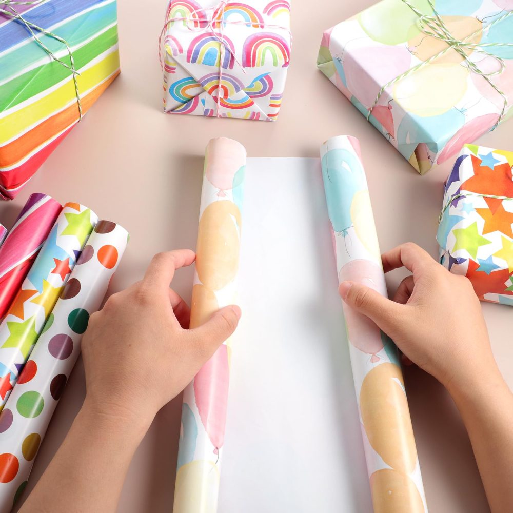 Wrapping Paper, 5 Packs 43 cm x 300 cm Wrapping Paper Birthday Roll Recyclable Rainbow Gift Wrap Paper Colored Stripe Wrapping Paper Mini Paper Rolls for Birthday Wedding Baby Shower - Image 5
