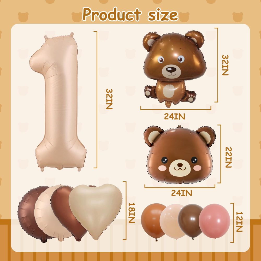 Brown Bear 1st Birthday Decorations - Bear Theme Party Decoration with Number 1 Foil Balloon, Brown Bear Balloon, Brown Bear Head, Latex Balloons, for Boys and Girls Baby Shower First Birthday - Image 6