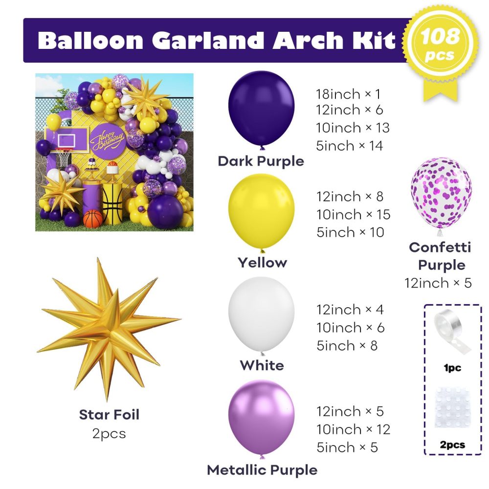 Purple and Yellow Balloon Arch Kit, 108 Pcs Yellow and Purple Arch Kit with Dark Metallic Purple Confetti Latex Balloons Star Foil for Boys Sport Theme Basketball Birthday Graduation Party Decorations - Image 9