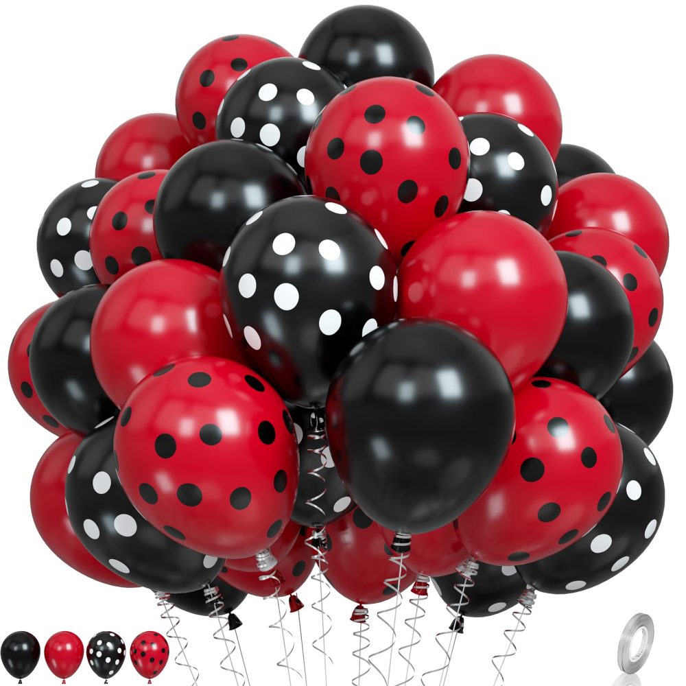 Ladybug Balloons, 60pcs Red Black Polka Dots Balloons Matte Black and Red Balloons Black and White Polka Dot Latex Balloons for Ladybug Birthday Jungle Party Wedding Baby Shower Graduation