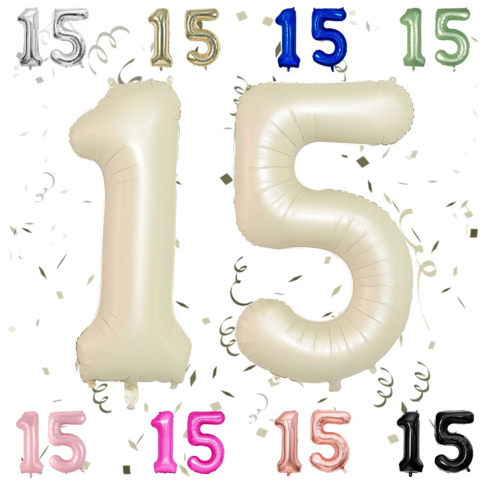 40 Inch Beige 15 Number Balloons,Cream 1 & 5 Mylar Foil Large Balloons,15 Big Digit Number Balloon for Girls Boys 15th Birthday Anniversary Decorations Graduation Party Supplies